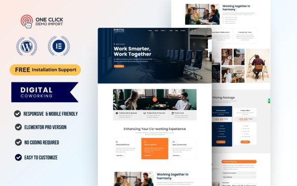 Digital Coworking & Shared Office WordPress Elementor Template Kit | Startup Hub & Creative Workspace Website Theme