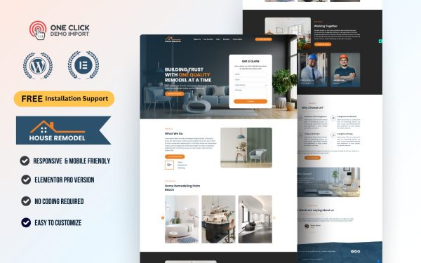 Interior Design & Construction WordPress Elementor Template Kit | Home Improvement Landing Page