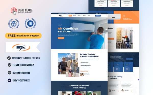 AC Repair & HVAC Services WordPress Elementor Template Kit | Cooling, Ventilation & Technician Website Theme