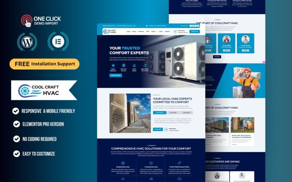 Professional HVAC & AC Repair WordPress Elementor Template Kit | Heating, Cooling & Ventilation Website Theme