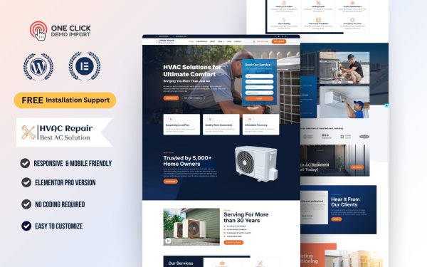 Heating & Air Conditioning Services WordPress Elementor Template Kit | AC Repair & Maintenance Website Theme