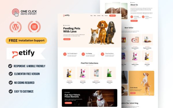 Pet Food & Organic Pet Supplies WordPress Elementor Template Kit | Dog, Cat, Pet Shop & Nutrition Landing Page