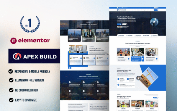 Create a responsive and SEO-optimized website using ApexBuild – Building and Construction Elementor Template Kit. Perfect for contractors, builders, and renovators.