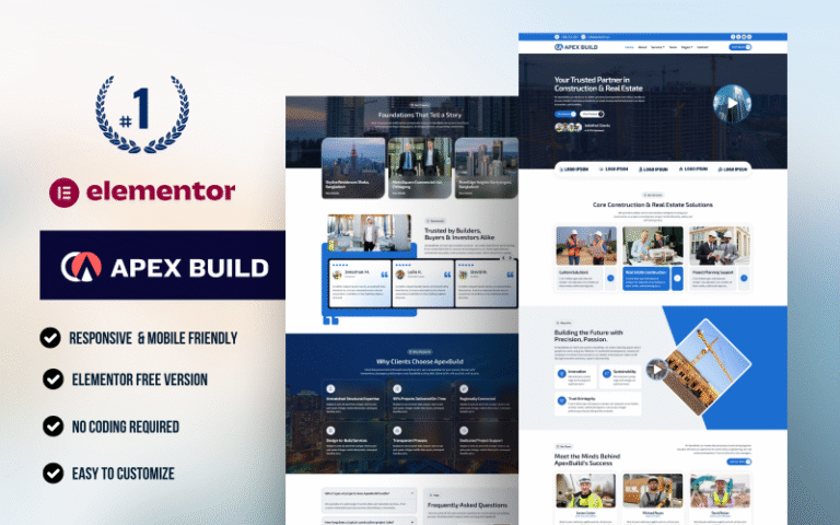 Create a responsive and SEO-optimized website using ApexBuild – Building and Construction Elementor Template Kit. Perfect for contractors, builders, and renovators.