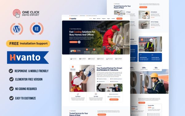 Modern HVAC Service & AC Repair WordPress Elementor Template Kit | Air Conditioning & Maintenance Website Theme