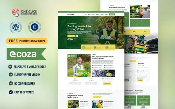 Recycling & Waste Management WordPress Elementor Template Kit | Ecology, Solar & Green Energy Website Template