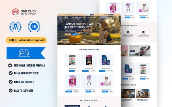 Pet Food & Supplies WooCommerce Elementor Template Kit | Pet Accessories eCommerce Website Theme