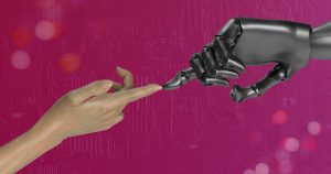 two hands touching each other in front of a pink background