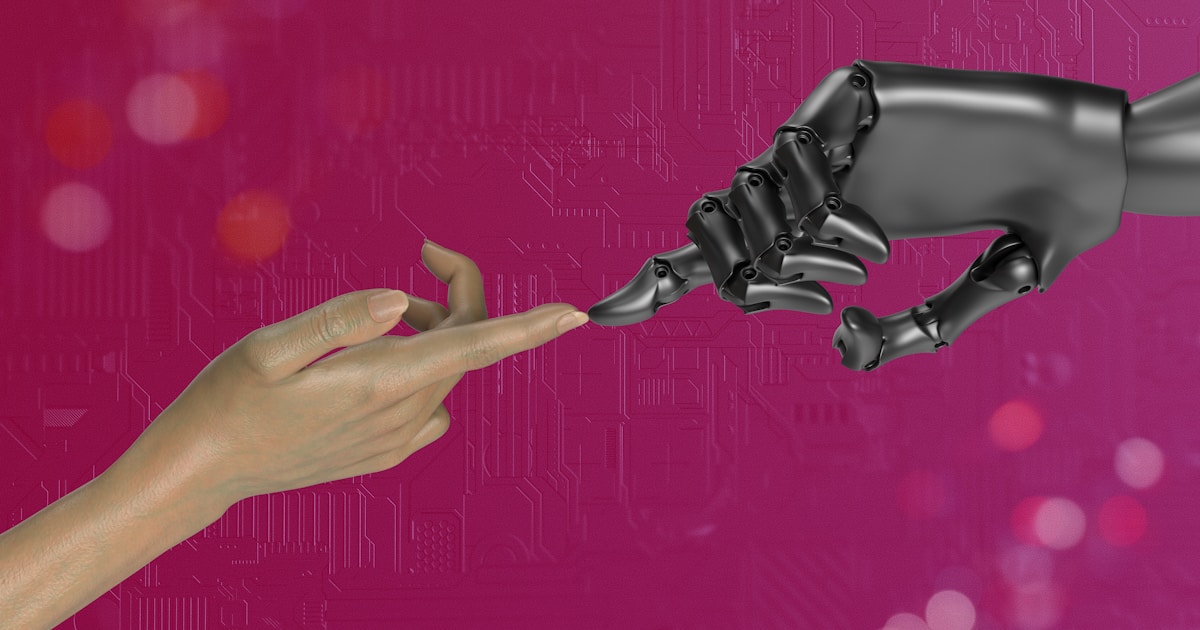 two hands touching each other in front of a pink background