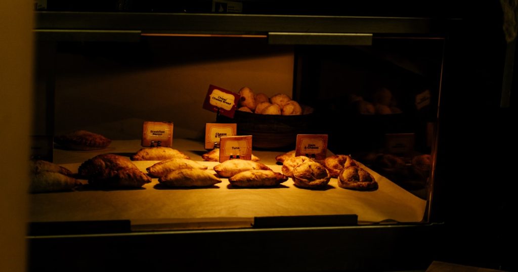 Pastries displayed in a bakery case