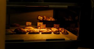 Pastries displayed in a bakery case