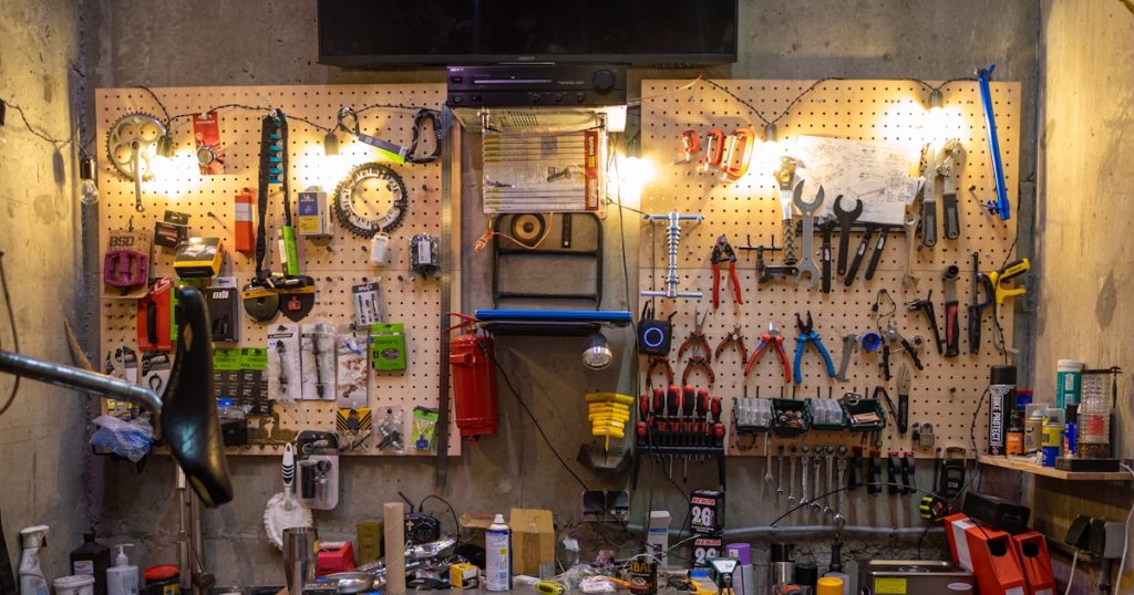 Workshop wall with tools and workbench