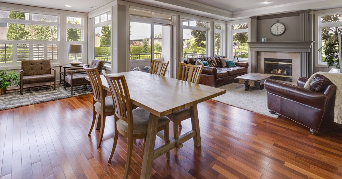 rectangular brown wooden table and chair set