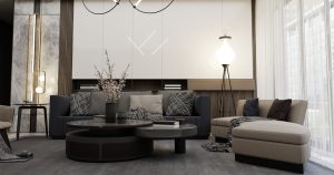 a living room filled with furniture and a chandelier