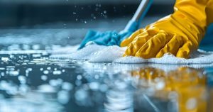 A person in yellow gloves and blue gloves cleaning a floor
