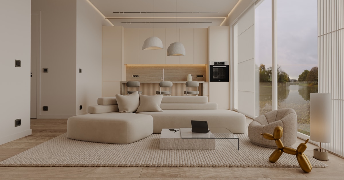 a modern living room with a large window