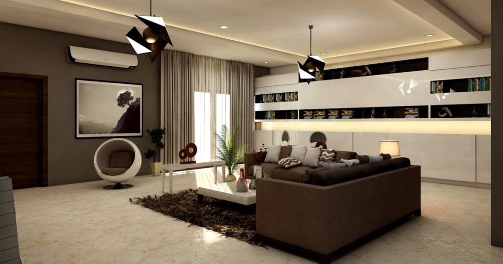 rectangular white coffee table near brown leather sofa