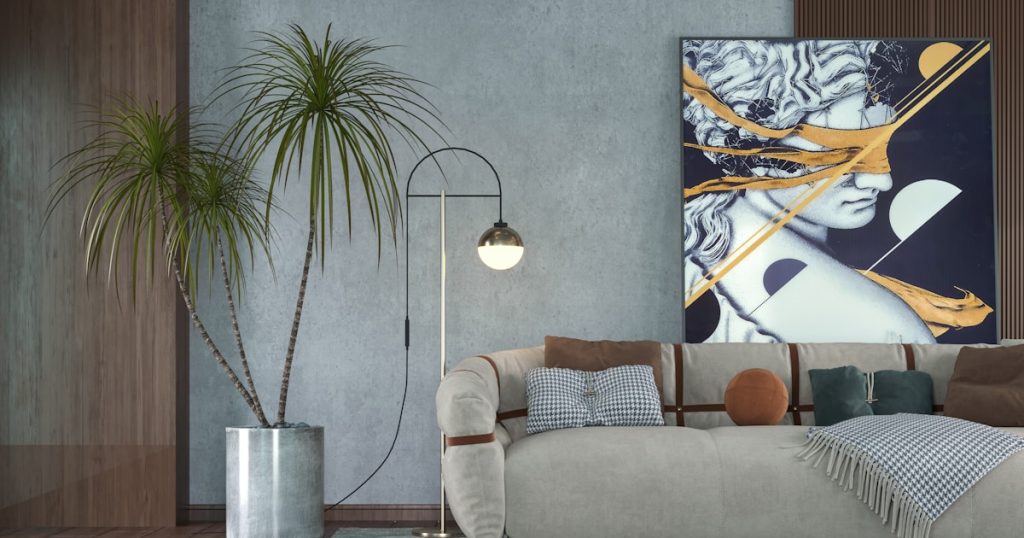 a living room with a large painting on the wall