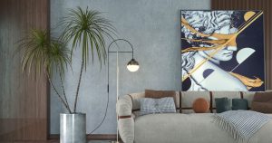 a living room with a large painting on the wall