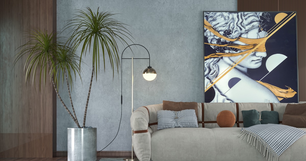a living room with a large painting on the wall
