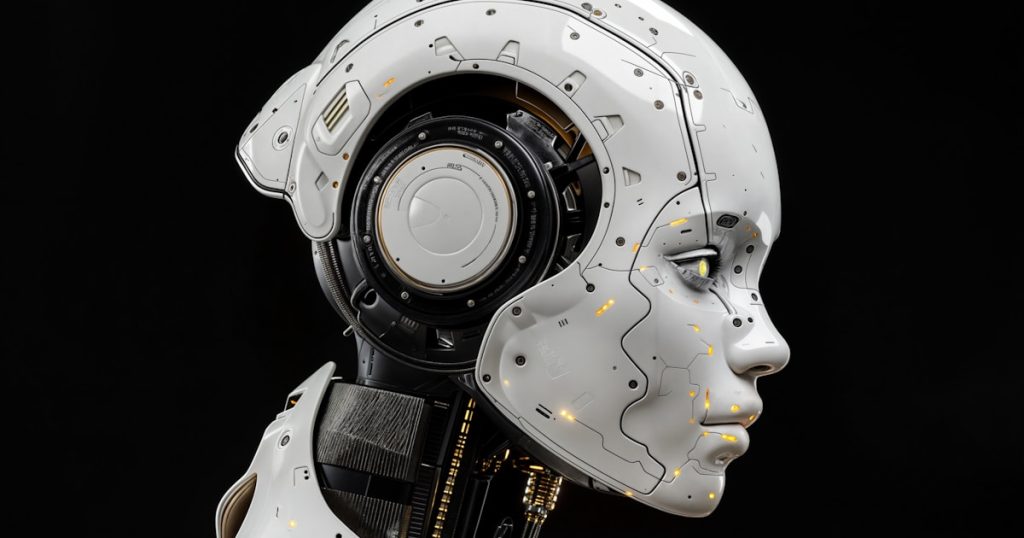 A white robot is standing in front of a black background