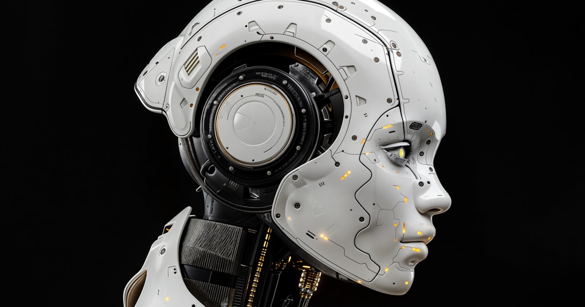 A white robot is standing in front of a black background