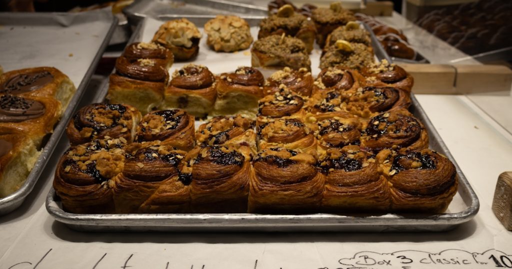 Tray of chocolate hazelnut and blueberry muffins