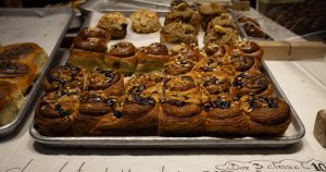 Tray of chocolate hazelnut and blueberry muffins